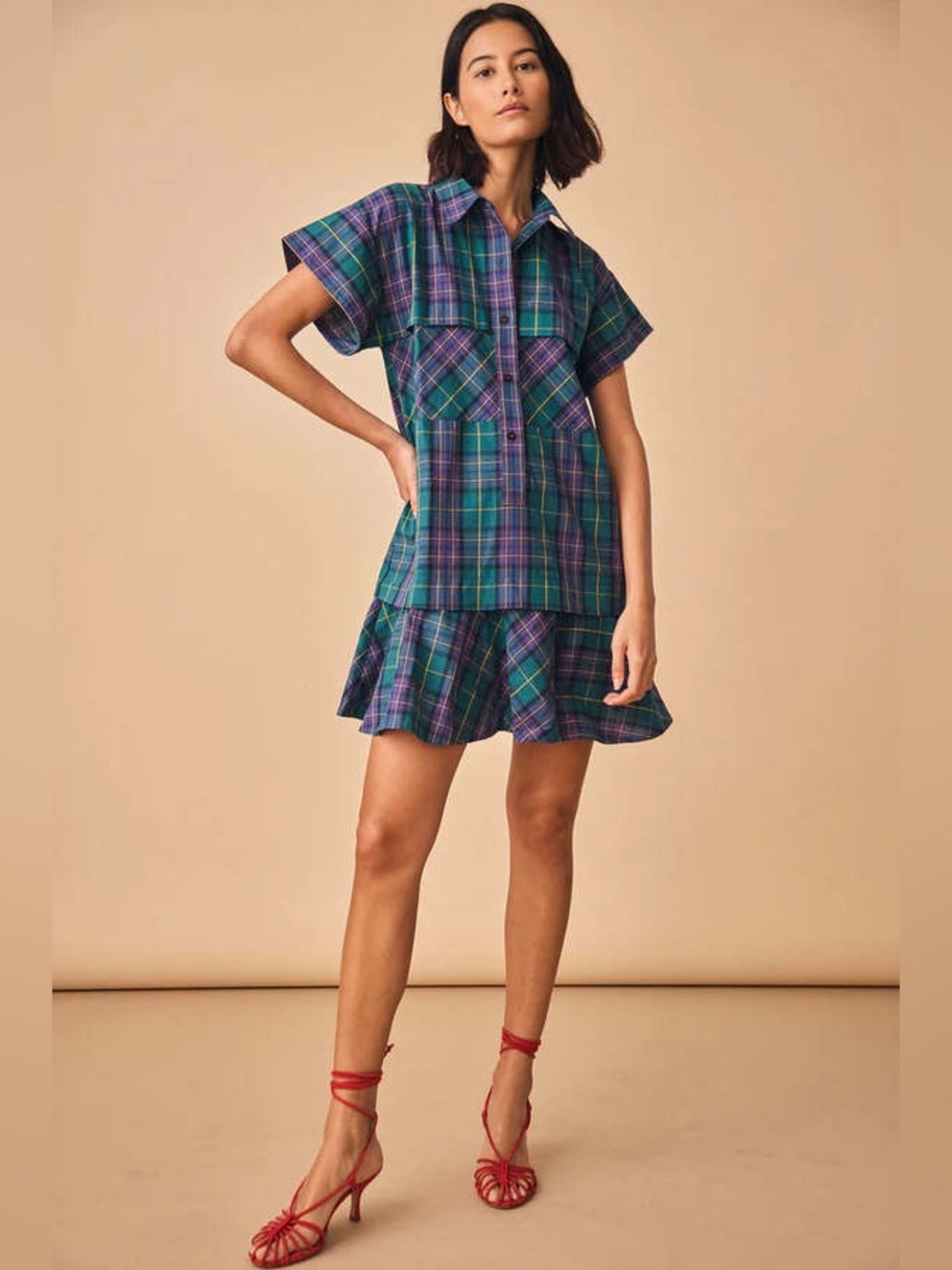 HUNTER BELL Addison Mini Dress Drop Waist Green Tartan Plaid Size Small VGUC - Picture 3 of 9
